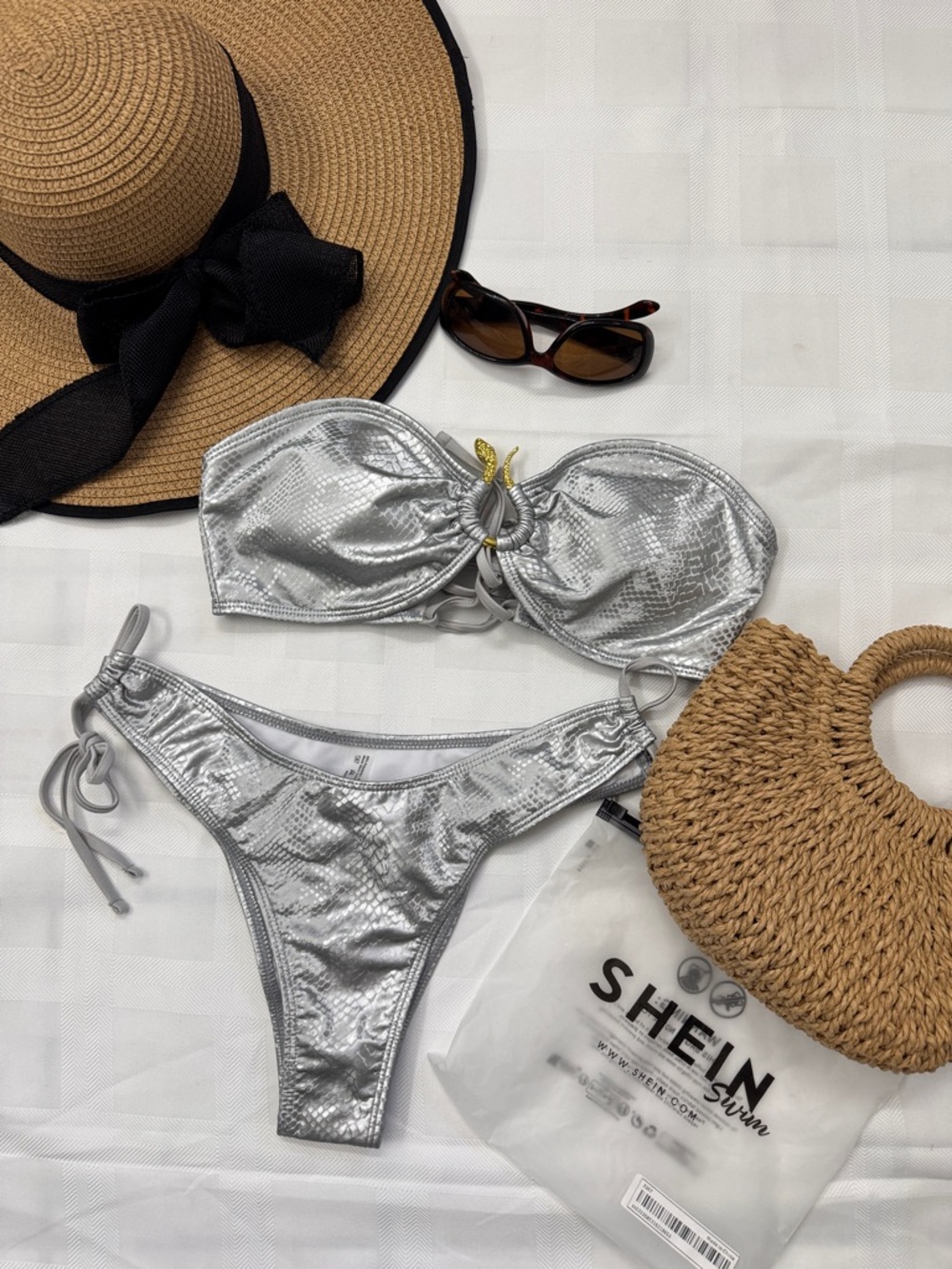 SHEIN Silver Metallic Bandeau Tie-Side Bikini Set. Adjustable. Size Medium.